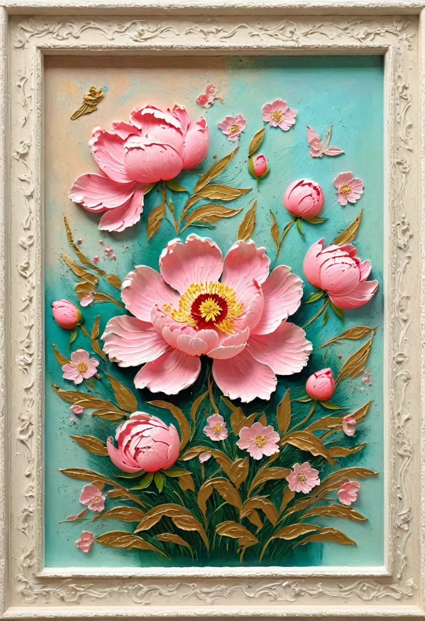 On display，A painting in a white plaster frame：(((Soft tones，Chalk painting，Oil stick painting，flight，Thick coating，Uneven texture，Plaster texture，Graffiti)))。Korean style framed decorative painting，3D Decorating，French style peony flower
