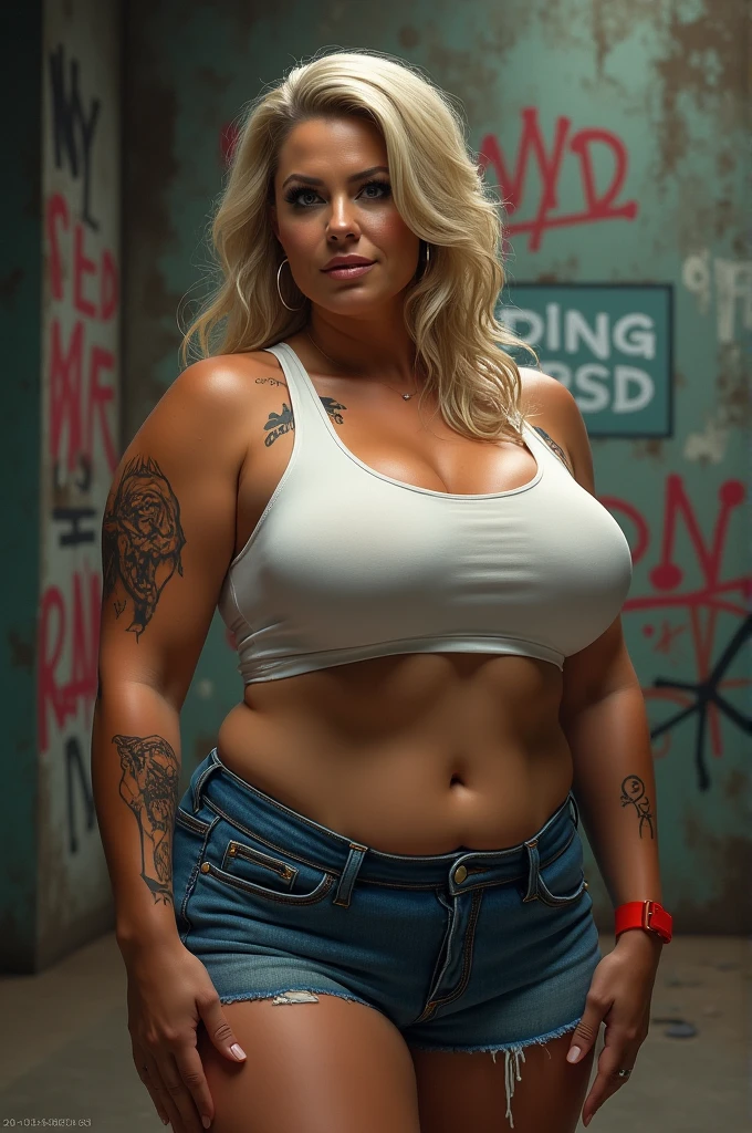 mating press,sex slave_tattoo,oily busty wrestler,(JMdict graffiti:1.2)、Seeding Press,(JMdict graffiti on body:1.2),50 years old,(masterpiece, best quality:1.2), 1girl, solo,Big Tit,Mature Woman、Big Butt,Armpit Hair、
,muscular、busty,White sleeveless tank top，blue denim shorts,(hentai:1.2),