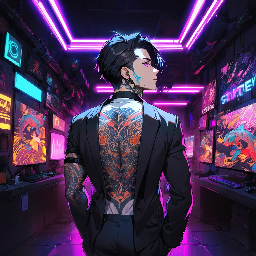 1man, short black hair, purple eyes, wearing a black coat, wearing black pants, wearing purple, wearing a black suit vest,white undershirt, tattoos on arms, colorful koi tattoos, cyberpunk, profile picture perspective, neon, tattoos only on skin, exposing arms