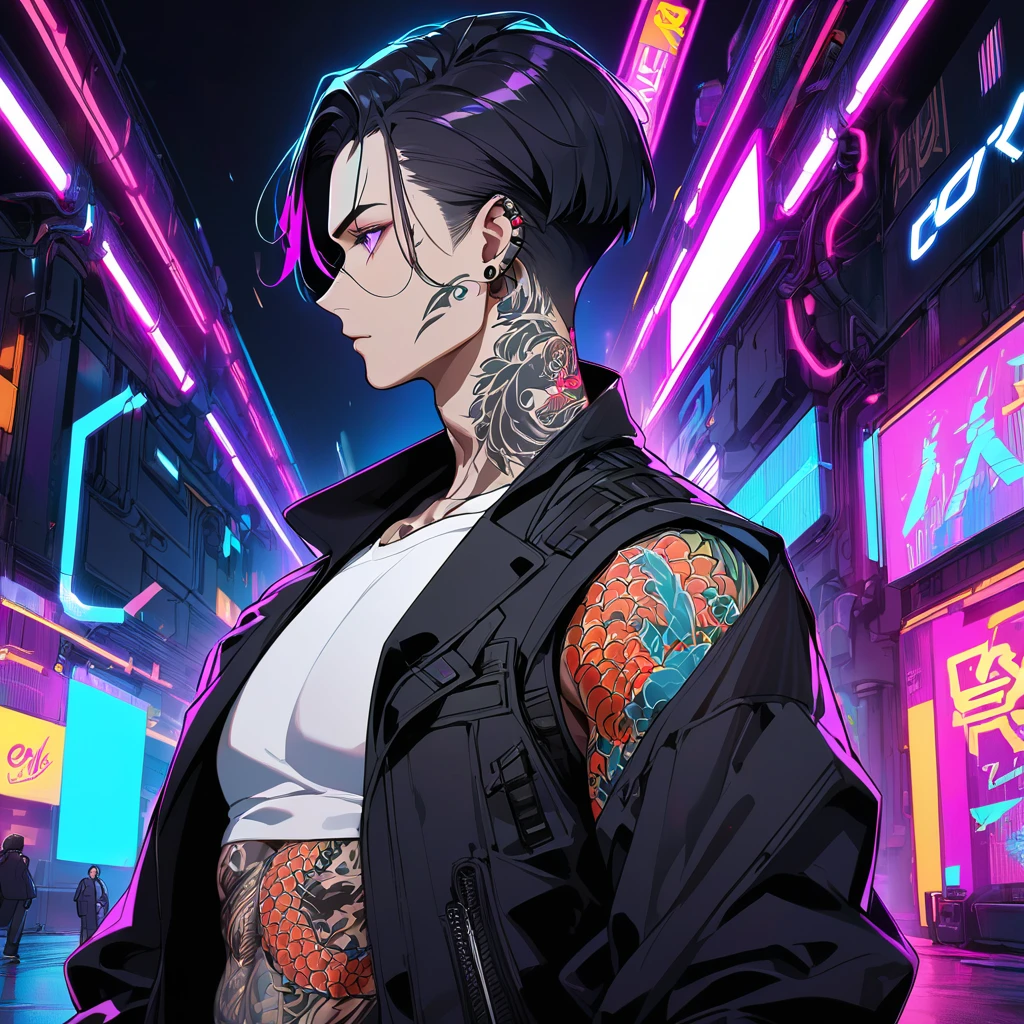 1man, short black hair, purple eyes, wearing a black coat, wearing black pants, wearing purple, wearing a black suit vest,white undershirt, tattoos on arms,  colorful koi tattoos, cyberpunk, profile picture perspective, neon, tattoos only on skin, exposing arms