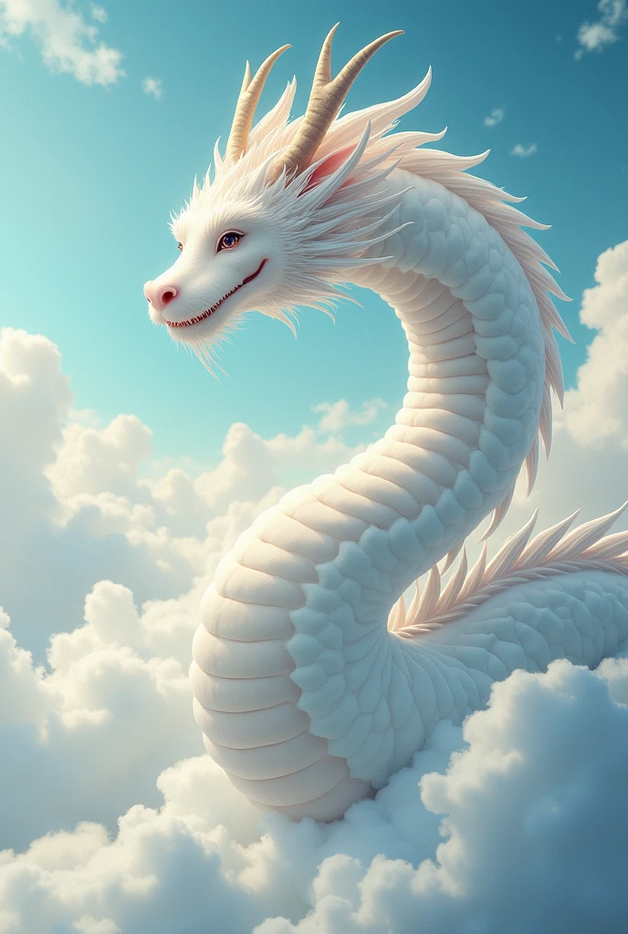 masterpiece, Highest quality,Japan Dragon God、white dragon、smiling gently、With fluffy fur。An image of ascending to the heavens。The background is a sea of clouds。No wings、Sparkling and kind eyes