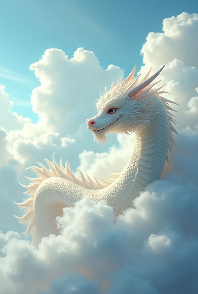 masterpiece, Highest quality,Japan Dragon God、white dragon、smiling gently、With fluffy fur。An image of ascending to the heavens。The background is a sea of clouds。No wings、Sparkling and kind eyes