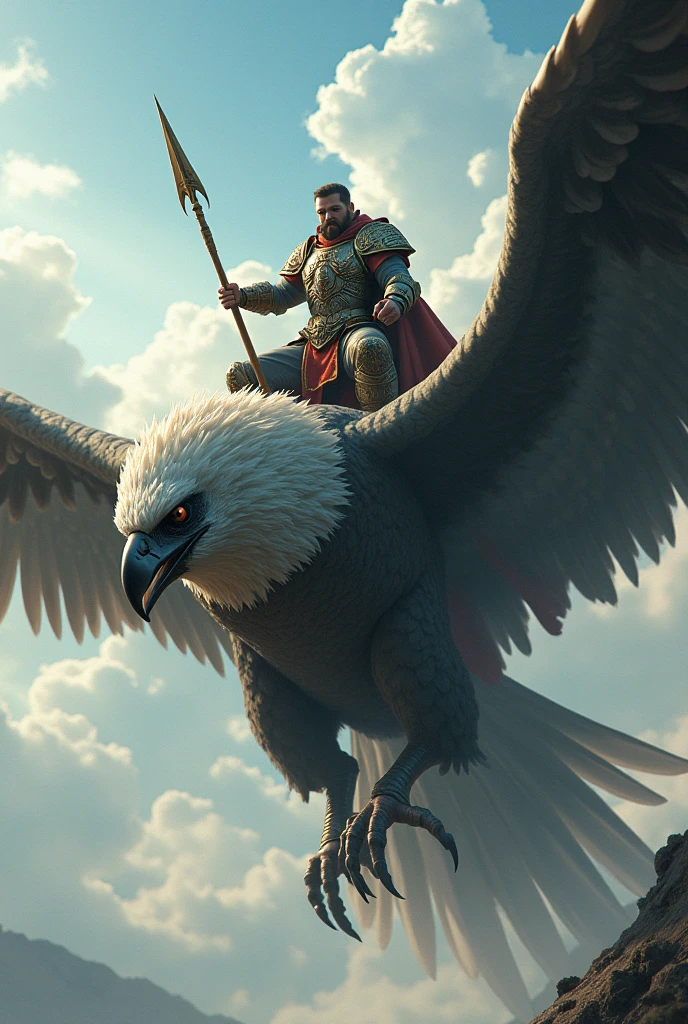 A big bird is seen flying high in the sky. It looks like a warrior is sitting on top of the bird. The warrior appears to be carrying a weapon as if he is preparing to attack his enemy