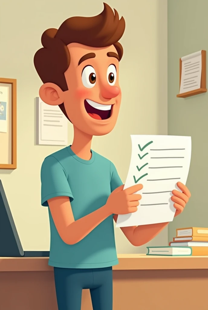 Animated man is using a list to organize his work, looking happier and more focused.