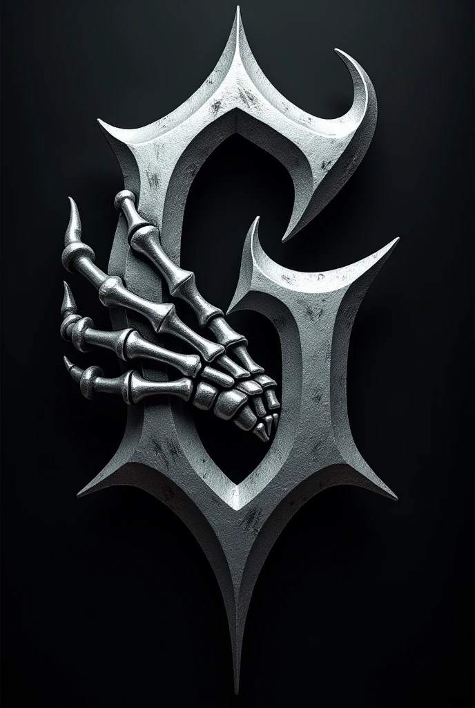 create a tattoo logo with around the letter G highlighted with the gothic font and with a skull hand in silver color