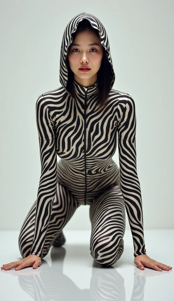 a beautiful and thin Asian and Chinese adult girl with a shiny and beautiful face wears zebra print lycra turtleneck unitard catsuit covered with stripes and always wear zebra print lycra dancewear hijab-like zentai hood covered with stripes.She is crawling！