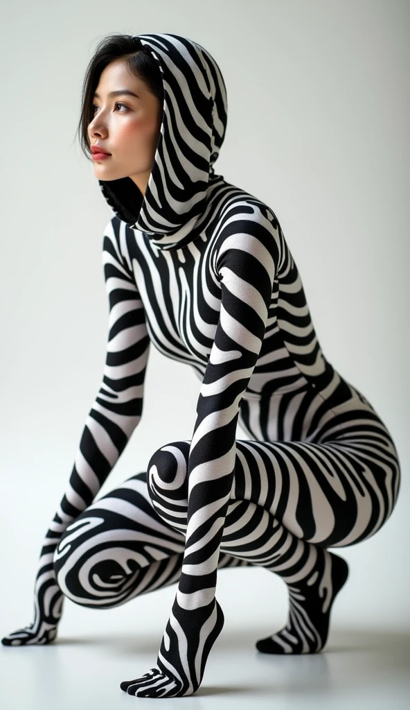 a beautiful and thin Asian and Chinese adult girl with a shiny and beautiful face wears zebra print lycra turtleneck unitard catsuit covered with stripes and always wear zebra print lycra dancewear hijab-like zentai hood covered with stripes.She is crawling!