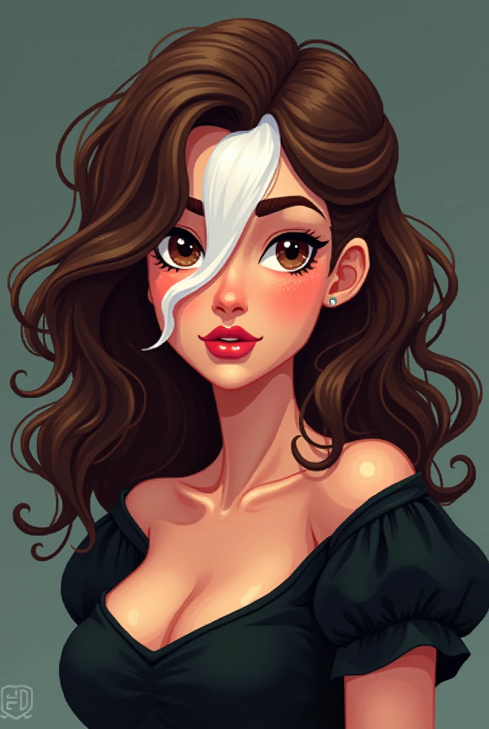 brunette woman curly hair white streak in front black dress, Brown eyes, reddened mouth, Brown eyes escuro, round and wide face Disney pixel animation style