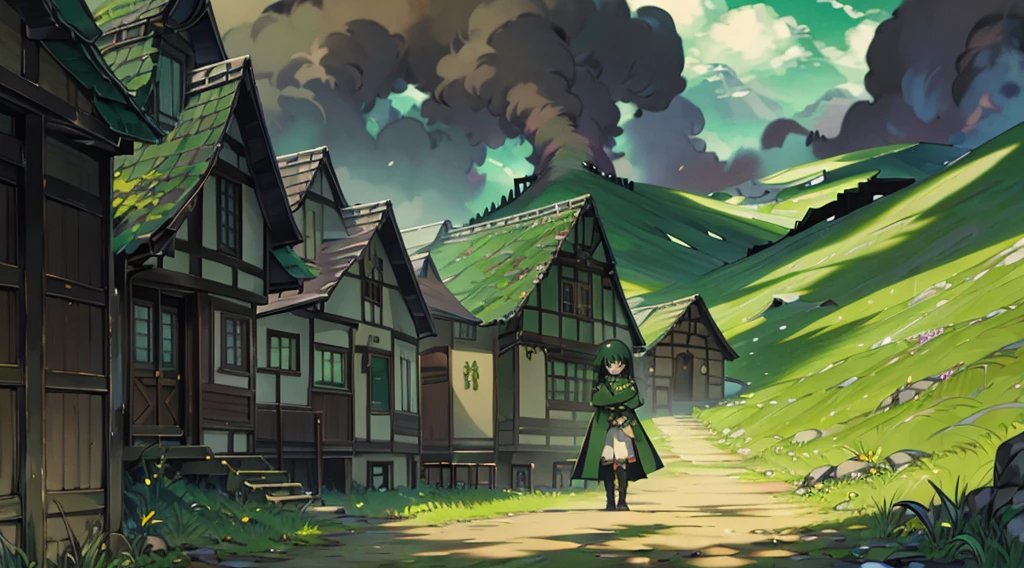 yuichiro hyakuya girl, (WithoutFear:1), 1 girl, black hair, green eyes, brown coat, gray armor, elves, sylvan, green shield, green cloak, dark brown gloves, forest, white fur trim, anime, standing, good quality, portrait, looking at viewer