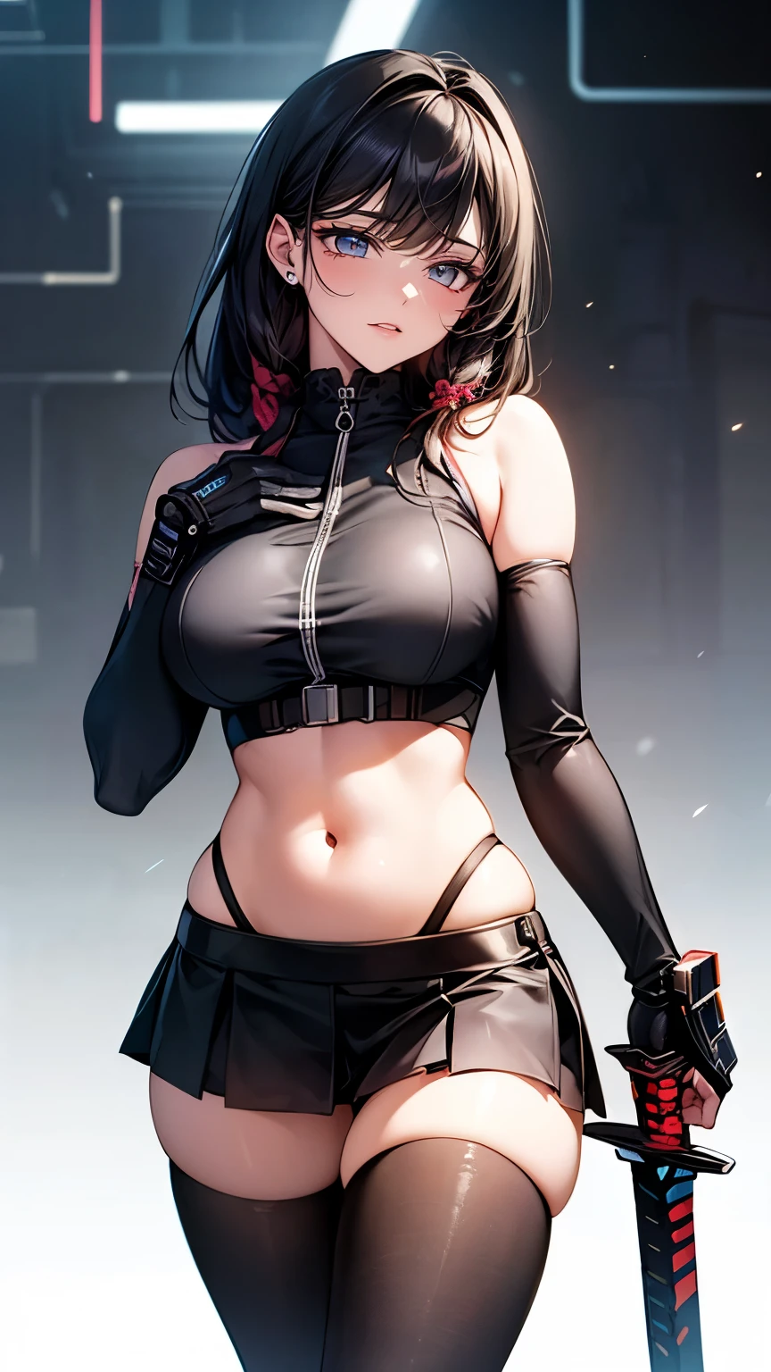 （Very delicate and beautiful：1.2）super model,,Beautiful breasts,voluptuous,【bike shorts】,,【3girls】,,Highest quality, High resolution, 8k,mini skirt.Three people.cyber punk.Mechanical Sword