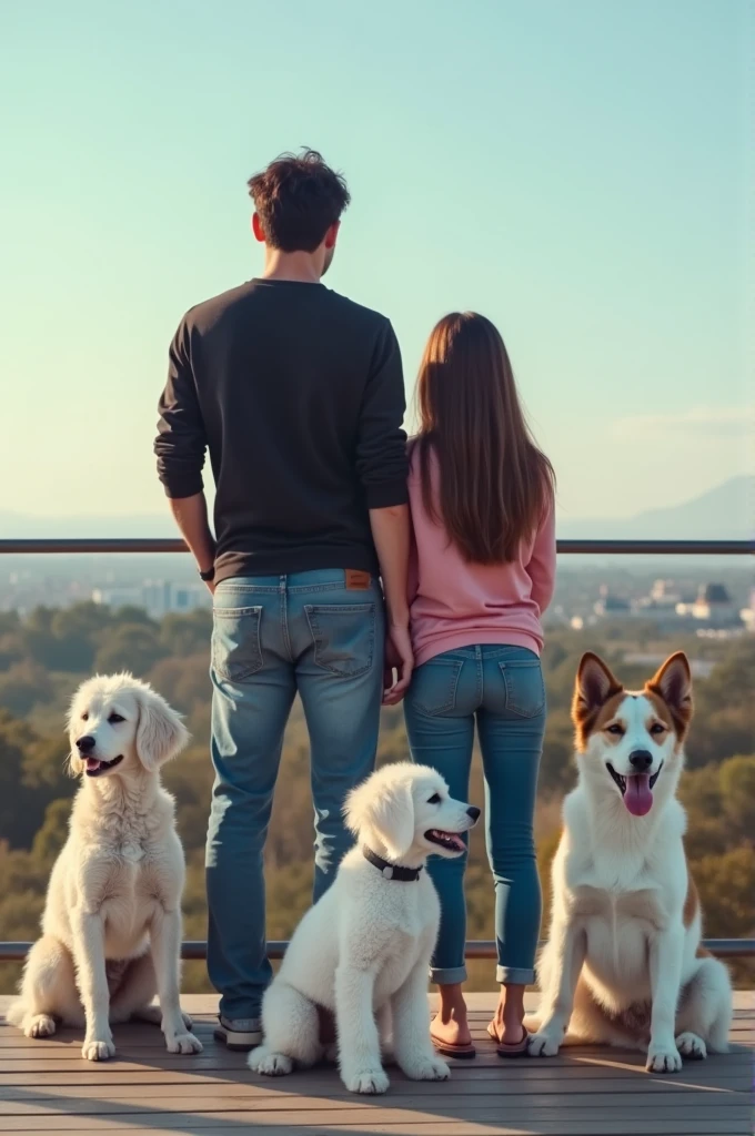 an image where you see a tall young man, delgado, strong, moreno, black hair, dressed in jeans and a long-sleeved black shirt, to a young woman, long brown hair, short stature, slim, White skin, dressed in jeans and a pink shirt,sitting on a viewing platform accompanied by a white French poodle, small size, a medium-sized long-haired Maltese dog and a large-sized white female dog with brown spots on her back and brown ears