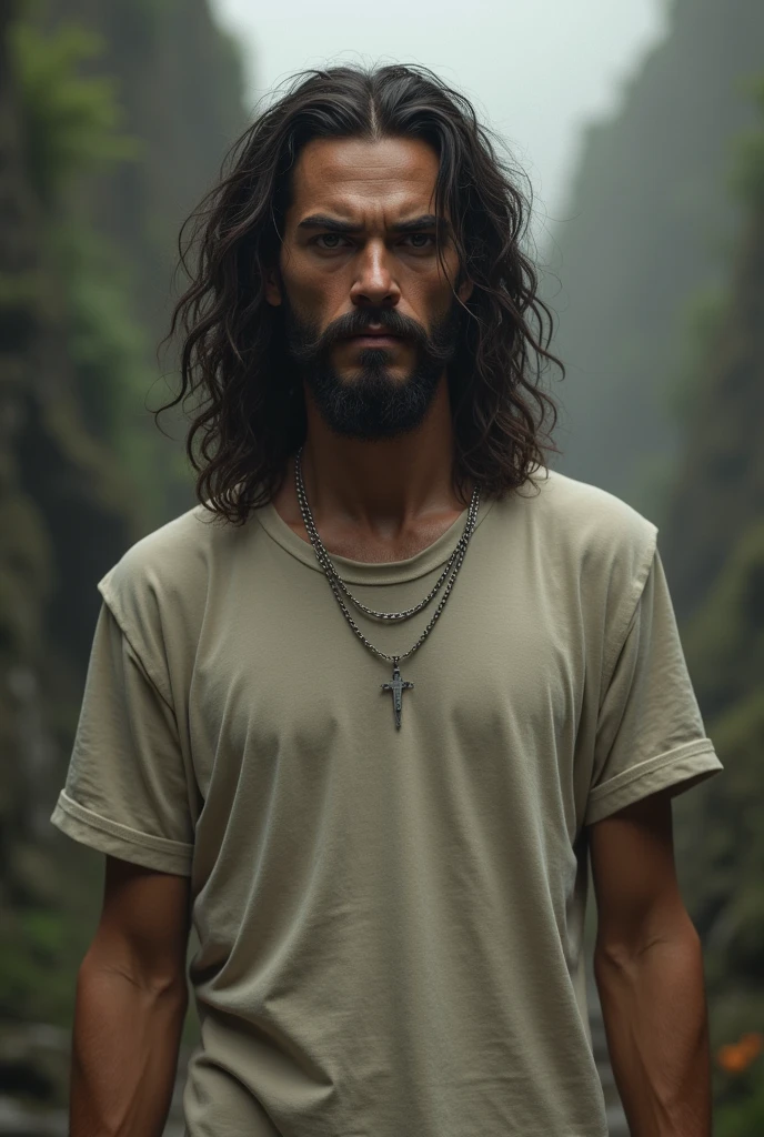 man 1.80 tall, long curly hair, with a semi-bushy mustache, bushy eyebrows, thin jesus christ type, and t-shirt and dark eyes, skinny