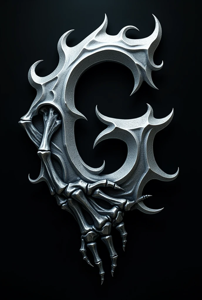 create a tattoo logo with around the letter G highlighted with the gothic font and with a skull hand in silver color