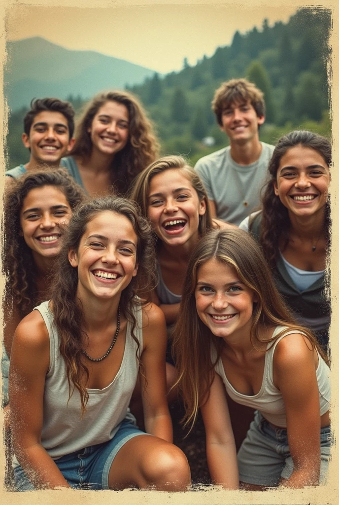 laugh an image as if it were a faded color photo of some smiling campers dressed in summer clothes, in the corner of the photo there is a caption written Alto da Serra Camp Class of 2012, imagem em arte da dc comics