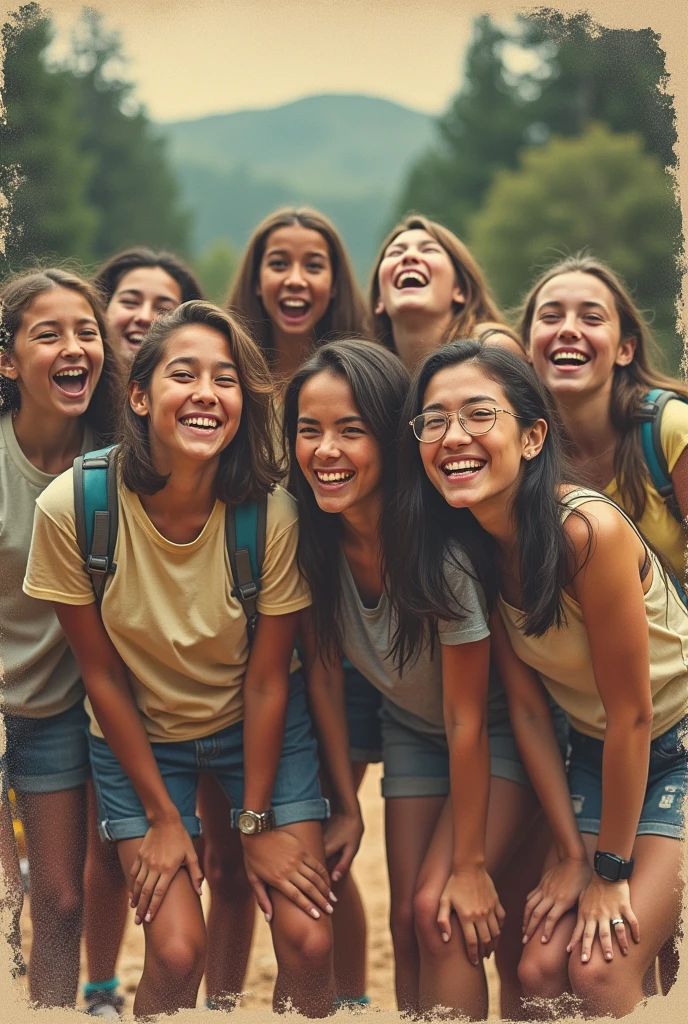 laugh an image as if it were a faded color photo of some smiling campers dressed in summer clothes, in the corner of the photo there is a caption written Alto da Serra Camp Class of 2012, imagem em arte da dc comics