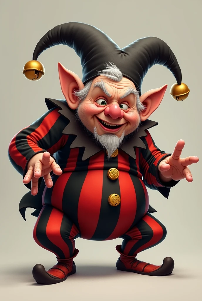 A little jester with bells on its hat and a striped outfit bouncing around
Make it look kind of troll oike but still human
Older as well
Make the outfit red and black and gave him in a hunched position
A little chubby
Less cary and facing forward
Make his legs squatting and his arms out
Fatter