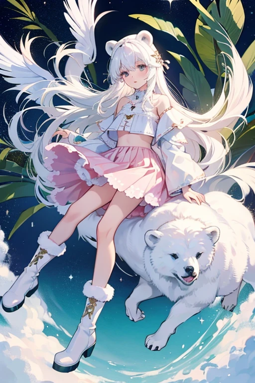  Pristina is a white polar bear with white hair and bear ears.
 Her top depicts painted feathers and her skirt has different types of leaves and holly.
She wears light pink boots. SPARKLE; GLITTER