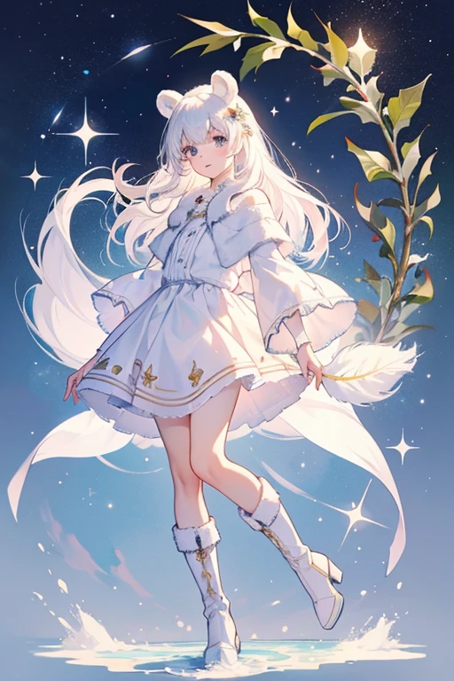 Pristina is a white polar bear with white hair and bear ears.
Her top depicts painted feathers and her skirt has different types of leaves and holly.
She wears light pink boots. SPARKLE; GLITTER