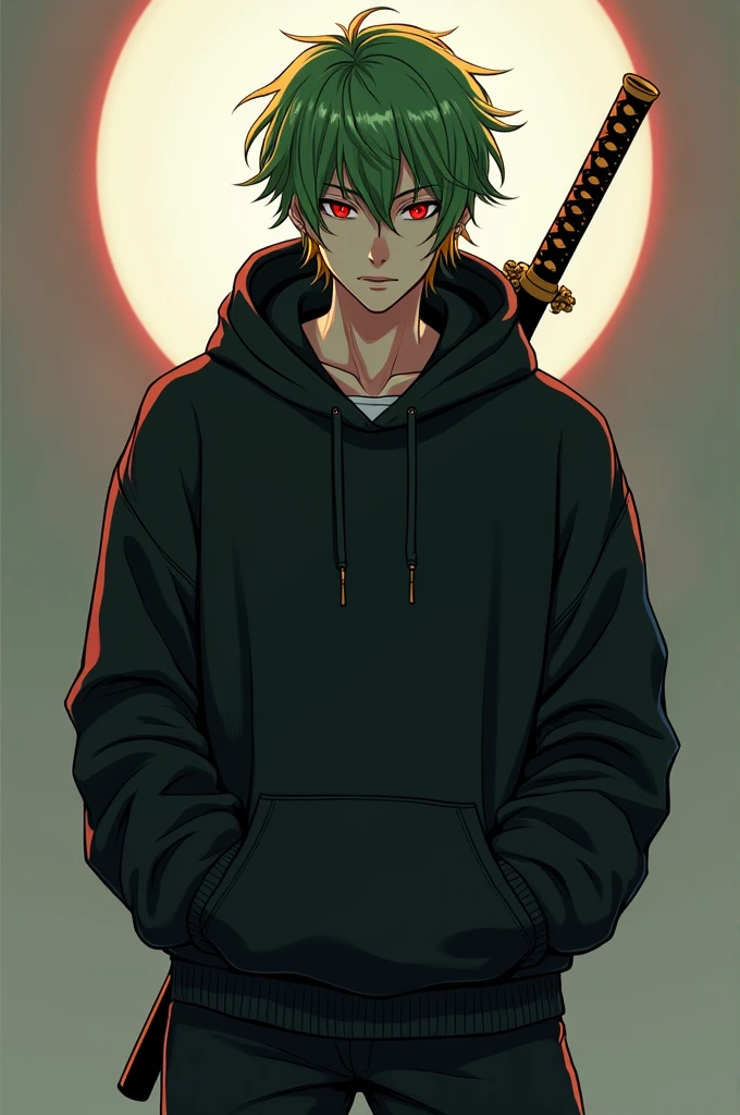 Man with green hair and yellow tips and red eyes with a katana and a psychopathic look, with a black hooded sweatshirt and soft pants