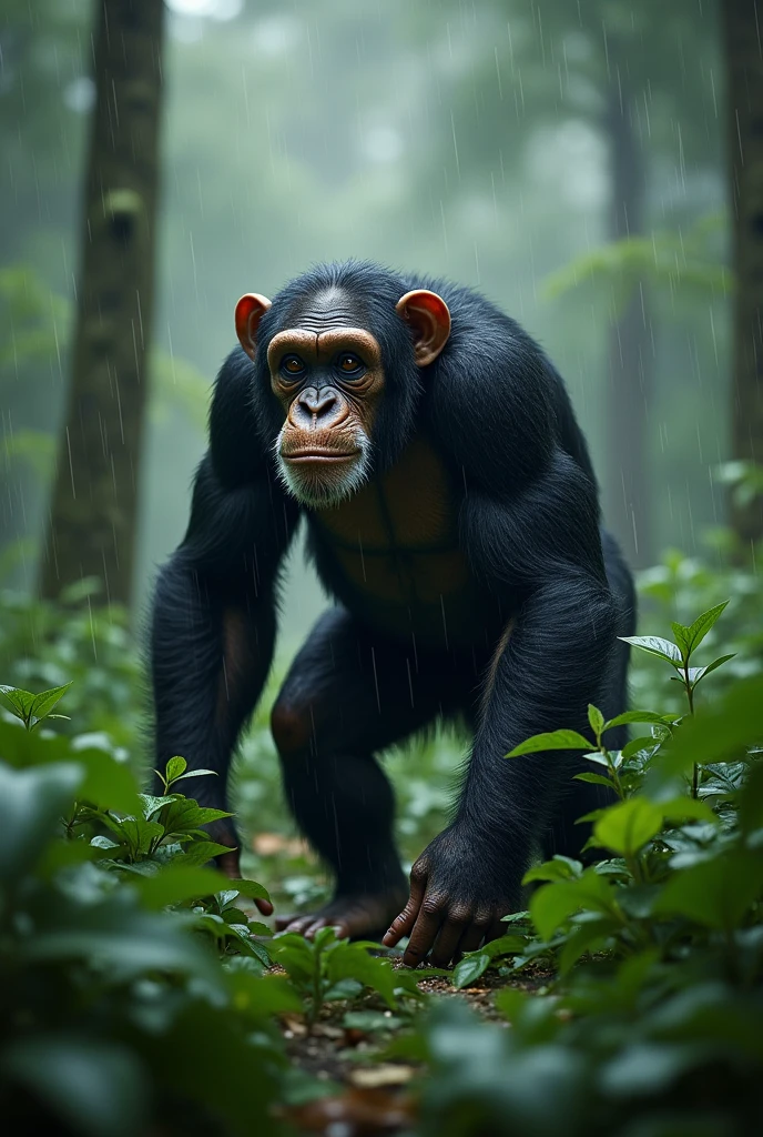 chimpanzee in the forest raining 4k detailed with realistic fur