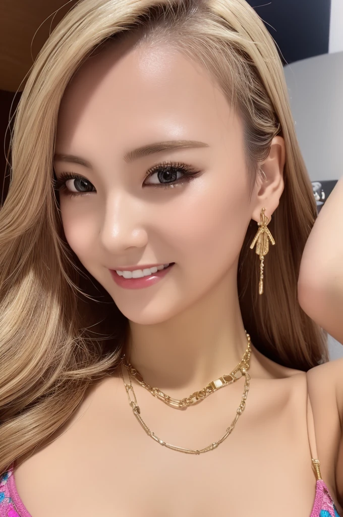 a beautiful blonde japanese gal with big breasts, under wear, smile、a well-trained body, oily body,Shiny skin, trained abdominal muscles,  earrings, navel piercing, necklace, bracelet, Full body photography、Selfie、(best quality, 4K, 8k, highres, masterpiece:1.2), ultra-detailed, (realistic, photorealistic, photo-realistic:1.37), hyper detailed, extremely detailed, intricate details, sharp focus, physically-based rendering, professional, vivid colors, studio lighting