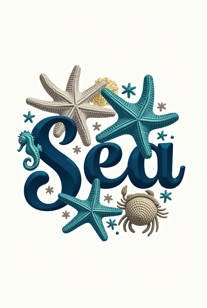Logo brand for a crochet shop that has the name "Sea", use sea elements and crochet elements with saturated colors, neutral and more adult brand, written Sea in navy blue but crocheted sea animals around it, fly away