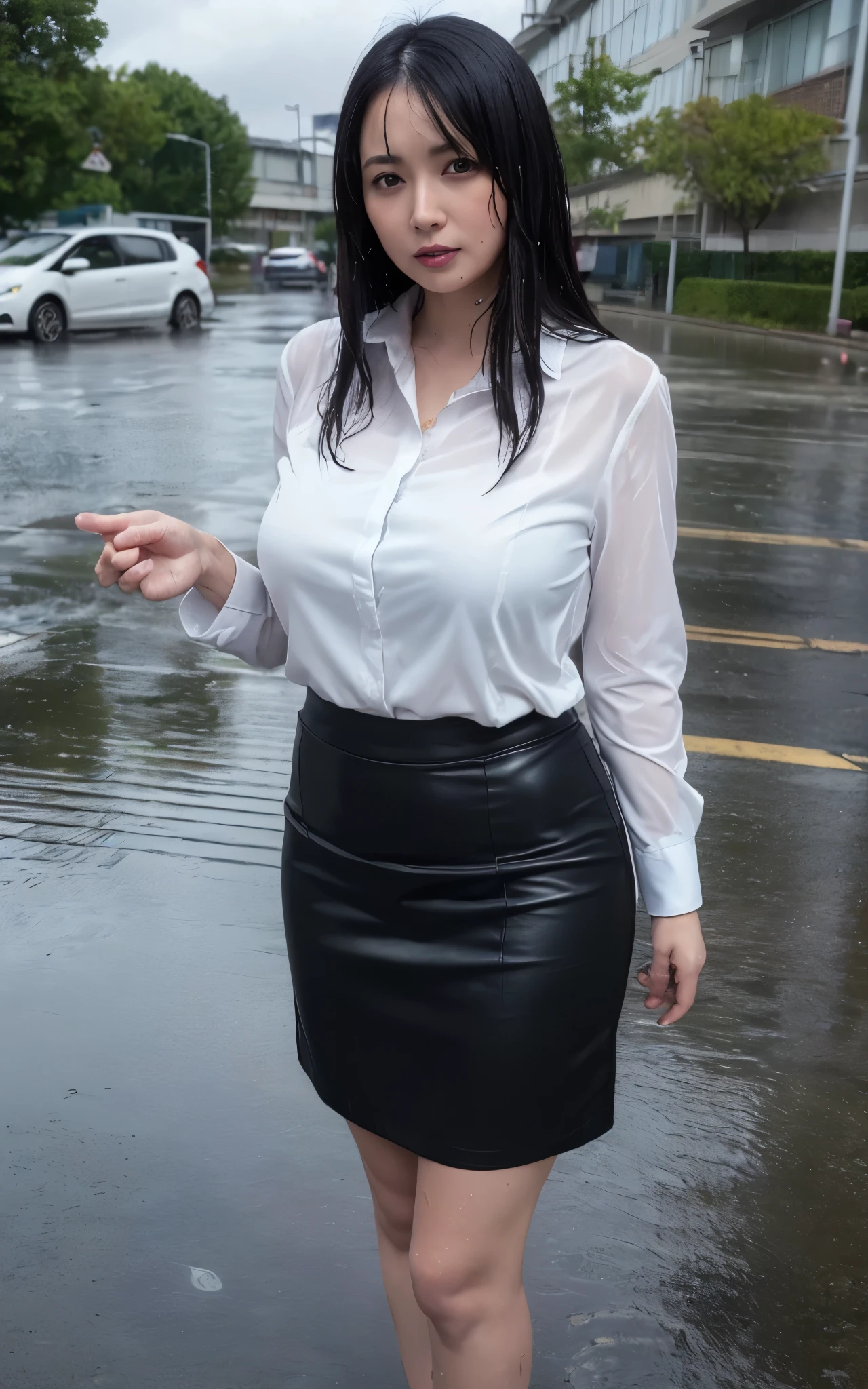 (masterpiece, Highest quality, One girl, Beautiful office lady, Very wet, soaked from heavy rain, Long black hair, Straight hair, White blouse, Dark Skirt,  saggy big breasts:0.3, big hip, big thigh:0.4, Serious expression, Street Background, Detailed Scene, Reflective Puddle, Dark Clouds, heavy rain, realistic rain effect)