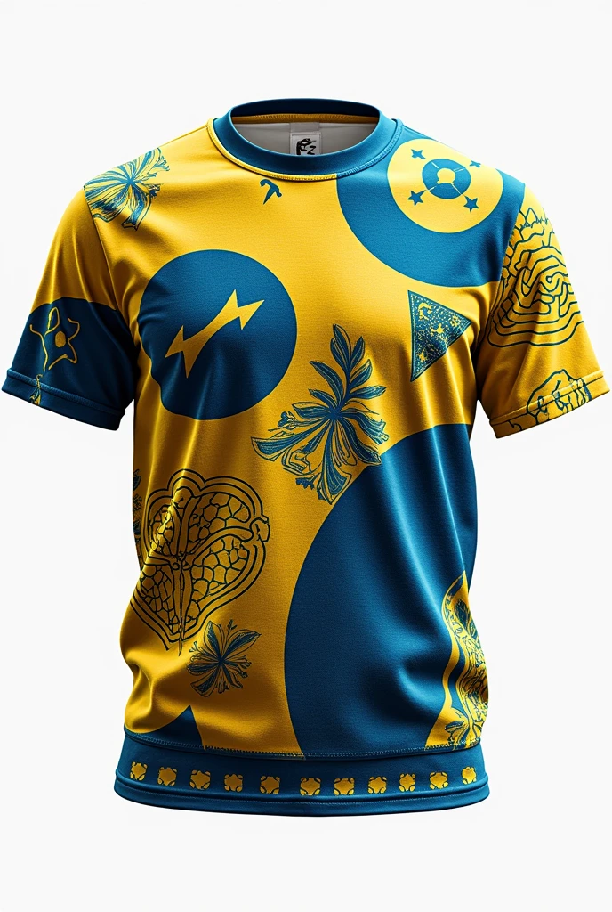 A regular T-shirt with unusual patterns and symbols in yellow and blue, T-shirt on white background