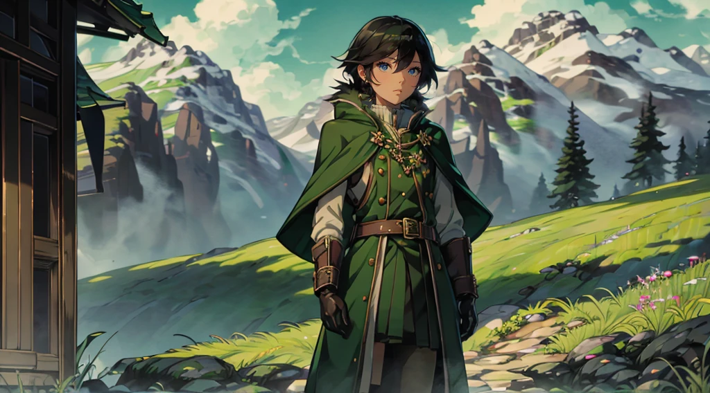yuichiro hyakuya girl, (WithoutFear:1), 1 girl, black hair, green eyes, brown coat, gray armor, elves, sylvan, green shield, green cloak, dark brown gloves, forest, white fur trim, anime, standing, good quality, portrait, looking at viewer