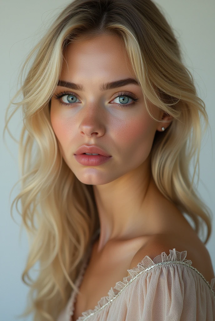 Make me a realistic picture of a blonde girl with blue eyes,slightly thick lips and black eyebrows and with a serious look