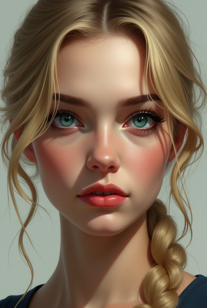 Make me a realistic picture of a blonde girl with blue eyes,slightly thick lips and black eyebrows and with a serious look