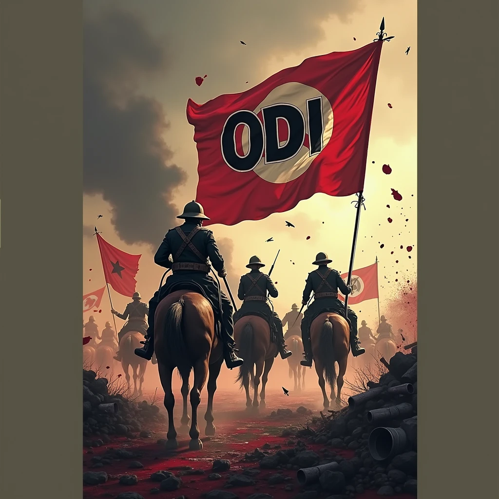 World War I logo with ODI name, with weapons and blood, with soldiers on horseback, and flags of many countries
