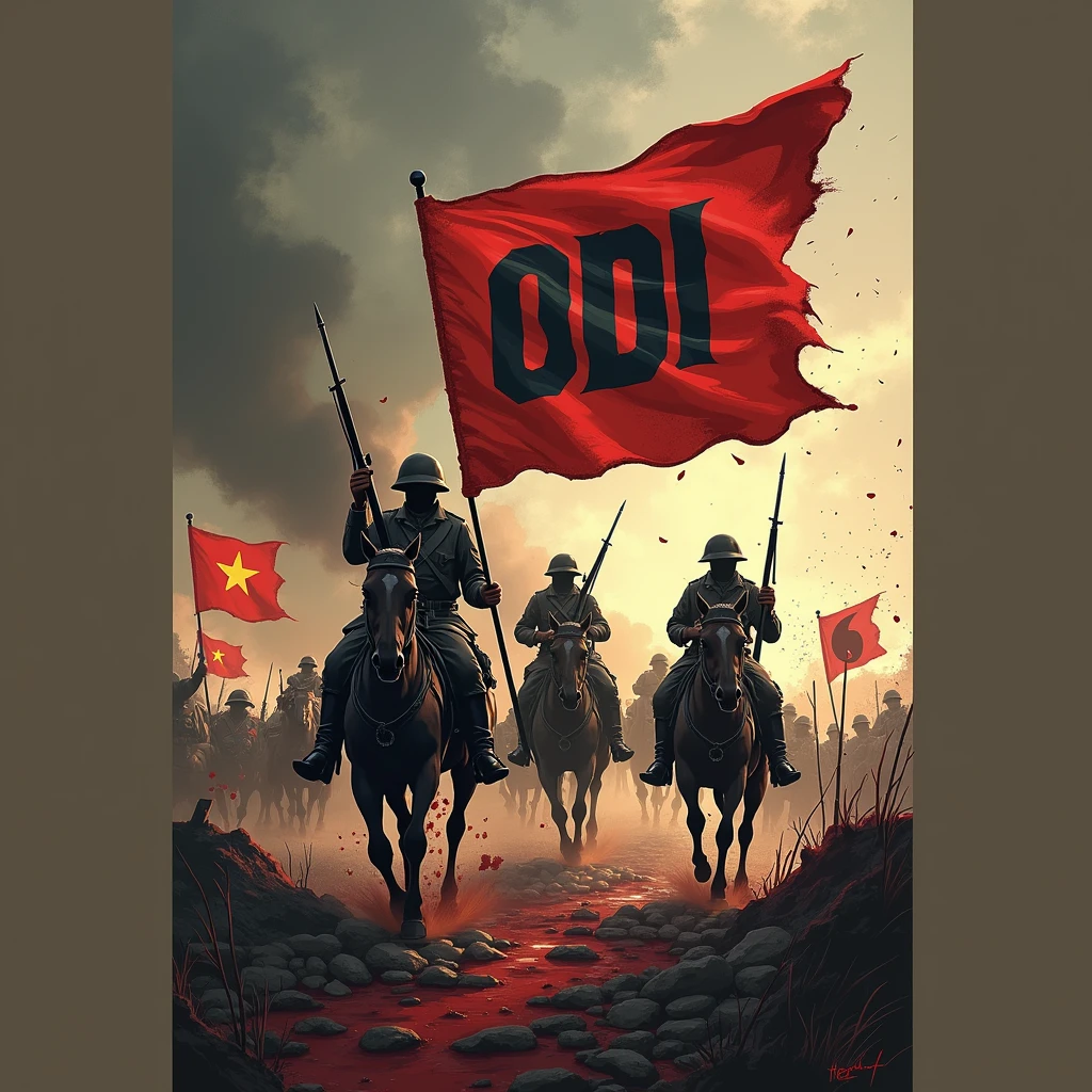 World War I logo with ODI name, with weapons and blood, with soldiers on horseback, and flags of many countries 
