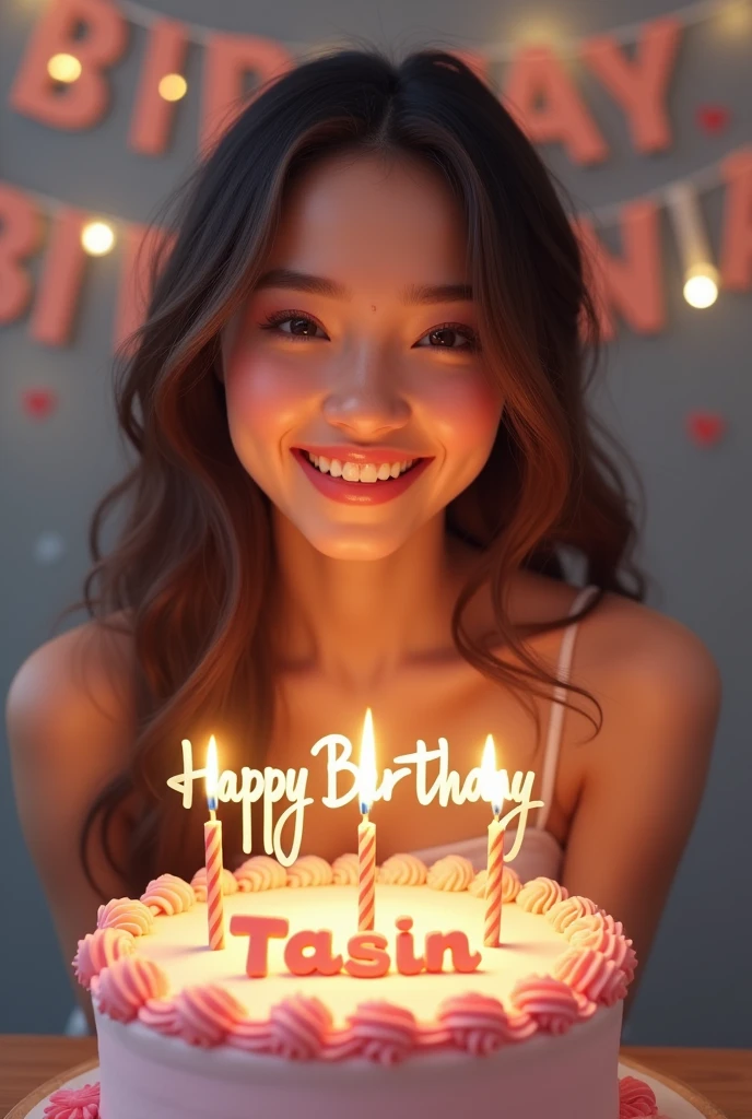 ((best quality)), ((masterpiece)), (detailed), perfect face
Cute pretty good  girl happy birthday Infront of cake .into the cake HAPPY BIRTHDAY TASIN.background text her name HAPPY BIRTHDAY TASIN 