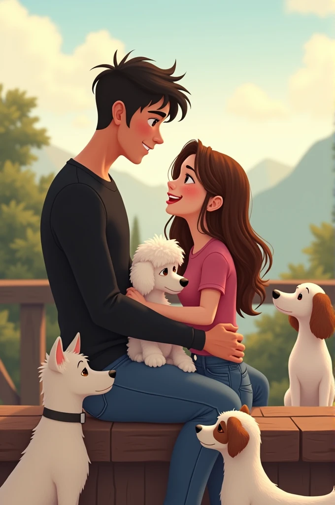 an animated image showing a tall young man, delgado, strong, moreno, black hair, dressed in jeans and a long-sleeved black shirt, to a young woman, long brown hair, short stature, slim, White skin, dressed in jeans and a pink shirt,sitting on a viewing platform accompanied by a white French poodle, small size, a medium-sized long-haired Maltese dog and a large-sized white female dog with brown spots on her back and brown ears 