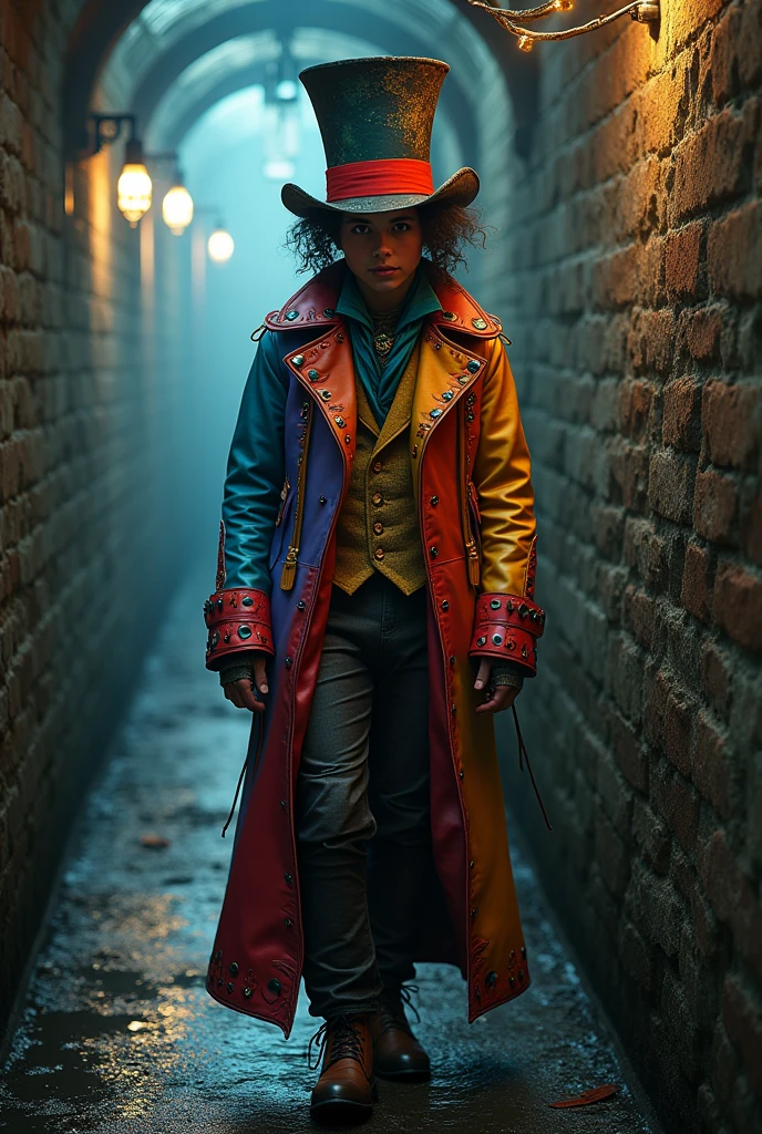 A mysterious guy with a hat and colorful leather clothes, similar to the mad hatter, magical, that explodes in a sewer