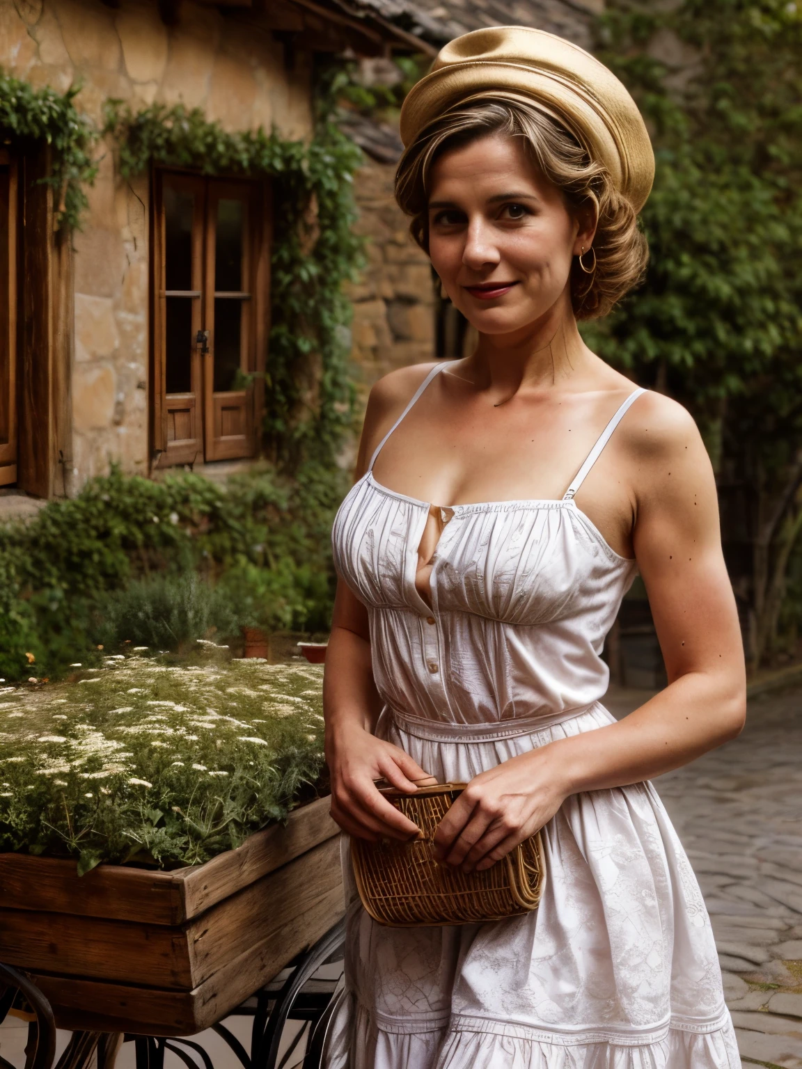 **Portrait of a pale, young, skinny, seductive woman in a good mood, standing confidently with a vintage rockabilly pin-up style. She wears a 1820s French countryside dress with intricate floral patterns, a fitted bodice with delicate lace trimmings, and a voluminous skirt with a slight crinoline, giving her an elegant silhouette. Her golden curls are styled in an intricate updo, complemented by a lace bonnet. Her makeup is classic with rosy cheeks and a subtle smile.**
**Location: A quaint French village in the 1820s, with cobblestone streets and charming, rustic architecture. The background includes a traditional French farmhouse with ivy-clad walls, flower boxes under the windows, and a thatched roof. The sun casts a warm glow, creating soft shadows and highlighting the picturesque landscape. There are wooden carts with fresh produce, a vintage horse-drawn carriage, and rustic benches scattered around. The air is filled with the scent of blooming flowers and fresh bread from a nearby bakery.**
**Objects and Items: A vintage horse-drawn carriage, wooden market carts with vegetables and fruits, flower-filled window boxes, thatched roof, ivy-covered walls, rustic wooden benches, cobblestone streets, antique wrought-iron street lamps, small village bakery with fresh bread, woven baskets, barrels of fresh produce, traditional French wooden shutters, blooming flower gardens, old-fashioned well, vintage street signs, traditional French stone houses, classic wooden fences, wrought-iron gates, dusty old books, vintage cooking pots, ceramic jugs, and decorative wrought-iron railings.**