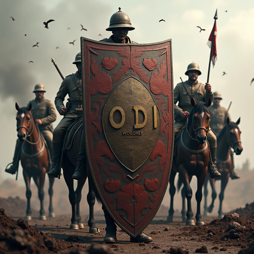 World War I shield with name ODI, with weapons and blood, with soldiers on horseback