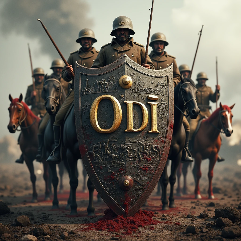 World War I shield with name ODI, with weapons and blood, with soldiers on horseback