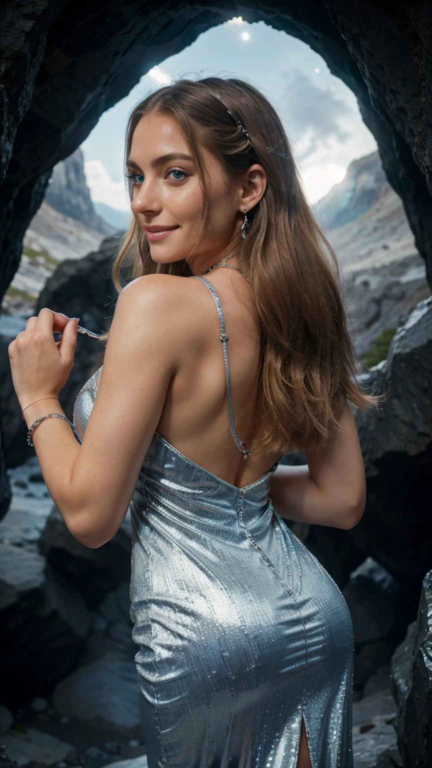 (detailed), view from back, perfect face, realistic photo of beautiful woman, blue eyes, piercing eyes, long hair, blond hair, wearing detailed necklace, Polish, influencer, light freckles, big lips, wearing detailed diamond bracelet, wearing detailed branded watch, wearing detailed diamond ring, Instagram, sharp photo, perfect body, model looking, realistic photo of a woman, golden, brownhair color, perfect detailed hands, perfect detailed fingers, ((best quality)), ((masterpiece)) (smile:1.2) light blue eyes, incredible blue eyes, detailed, photographer_\( ultra\), In the heart of a hidden crystal cavern, illuminated by the soft, ethereal glow of moonlight filtering through the stone, stands iamsophia. Her long, blond hair and deep sky-blue eyes catch the shimmering light, creating an aura of mystique. Clad in a sleek, silver gown that mirrors the natural crystal formations around her, she explores the cavern's wonders. Her hands, detailed and graceful, gently caress a giant, luminous crystal, which casts prismatic reflections across her face. Adorning her are delicate jewelry pieces inspired by the cavern's treasures—crystal earrings and a necklace that seems to pulse with the moon's energy. This scene captures iamsophia as a figure of enchantment, bridging the worlds of geology and magic in a moment of discovery