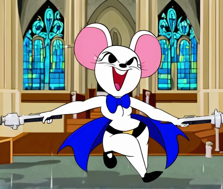 Grey Mouse, Blue Bow Tie, Evil Happy, holding Machinegun, running inside Church, Hanna-Barbera Style