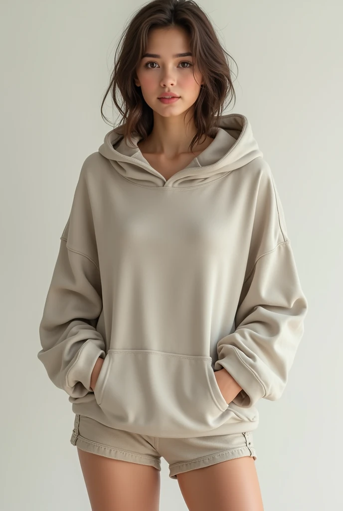 Woman wearing boxer shorts and hoodie 