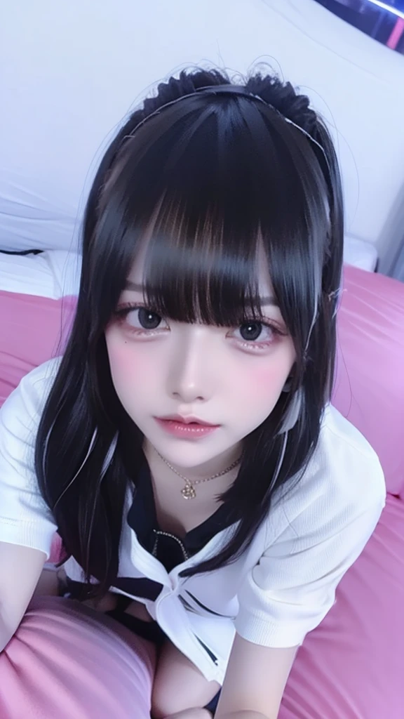Highest quality、8k、32K、masterpiece、Ultra Clear、Highest quality、8k full vision, Cinema Lighting:1.2)、(Blue Right), One personの、Long Hair Girl、Beautiful Japanese Women、Black-haired、Heavy bangs、Accentuate your breasts、choker、(Super big breasts:1.5), Sparkling under-eye bags、Red glitter eye makeup, From feet to head、(Fluorescent pink lipstick:1.3)、
Soft impression、Of Japanese、(jirai type fashion:1.5, Japan Underground Idols、Japanese Landmine Woman Makeup:1.5), 
　
((Masturbation POV:1.5, POV:1.5)), 
Detailed and stunning backgrounds、
((On the bed at the love hotel:1.8, Lights out:1.8, Decolorization lighting:1.8)), sexy and seductive、Sleep with your legs spread:1.3, 大きなAccentuate your breasts仕草:1.8, , One person, solo, (Late Night:1.8)、(Top view:1.5)