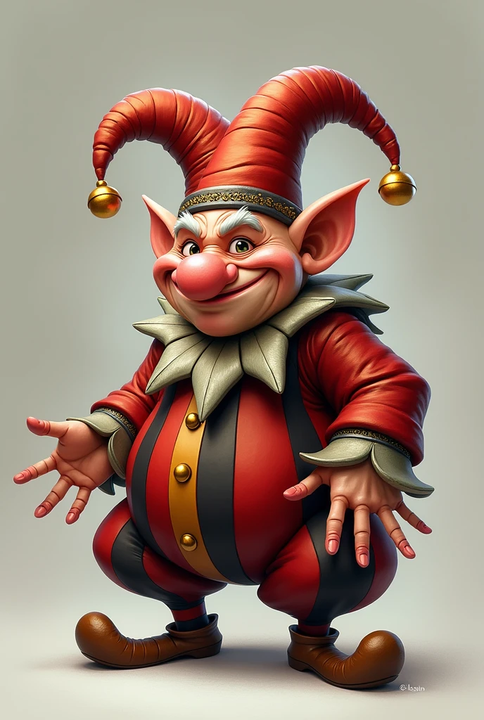 A little jester with bells on its hat and a striped outfit bouncing around
Make it look kind of troll oike but still human
Older as well
Make the outfit red and black and gave him in a hunched position
A little chubby
Less cary and facing forward
Make his legs squatting and his arms out
Fatter
Jeep it the same but five fingers on each hand