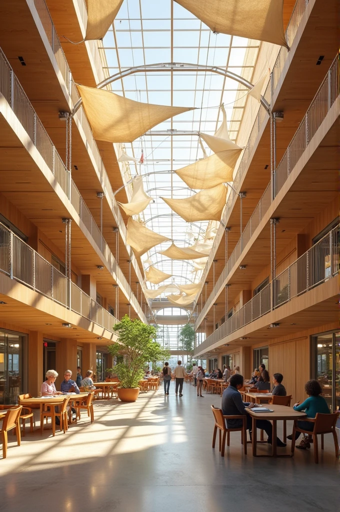 Interior of an educational architectural space for older adults built with a scaffolding and fabric structure