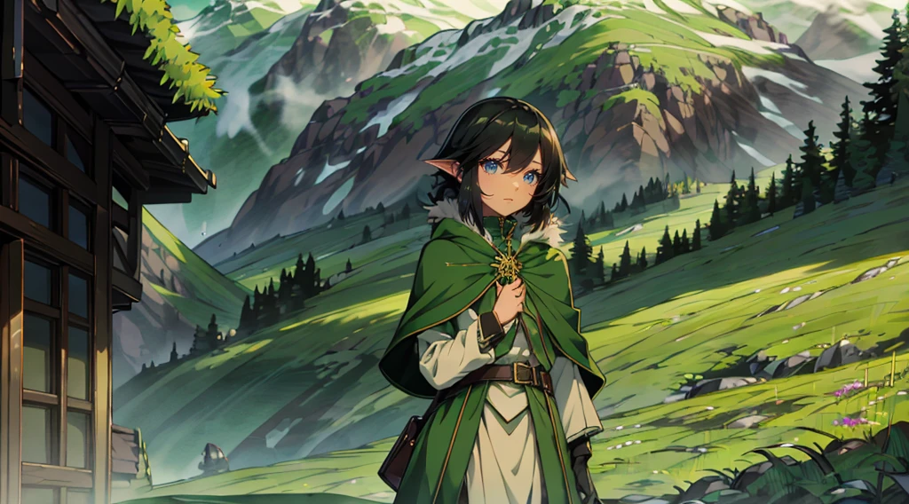 yuichiro hyakuya girl, (WithoutFear:1), 1 girl, black hair, green eyes, brown coat, gray armor, elves, sylvan, green shield, green cloak, dark brown gloves, forest, white fur trim, anime, standing, good quality, portrait, looking at viewer