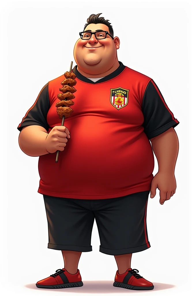 Create a drawing of a light brown man, fatter, wearing glasses, with Flamengo shirt, holding a barbecue skewer, com fundo branco