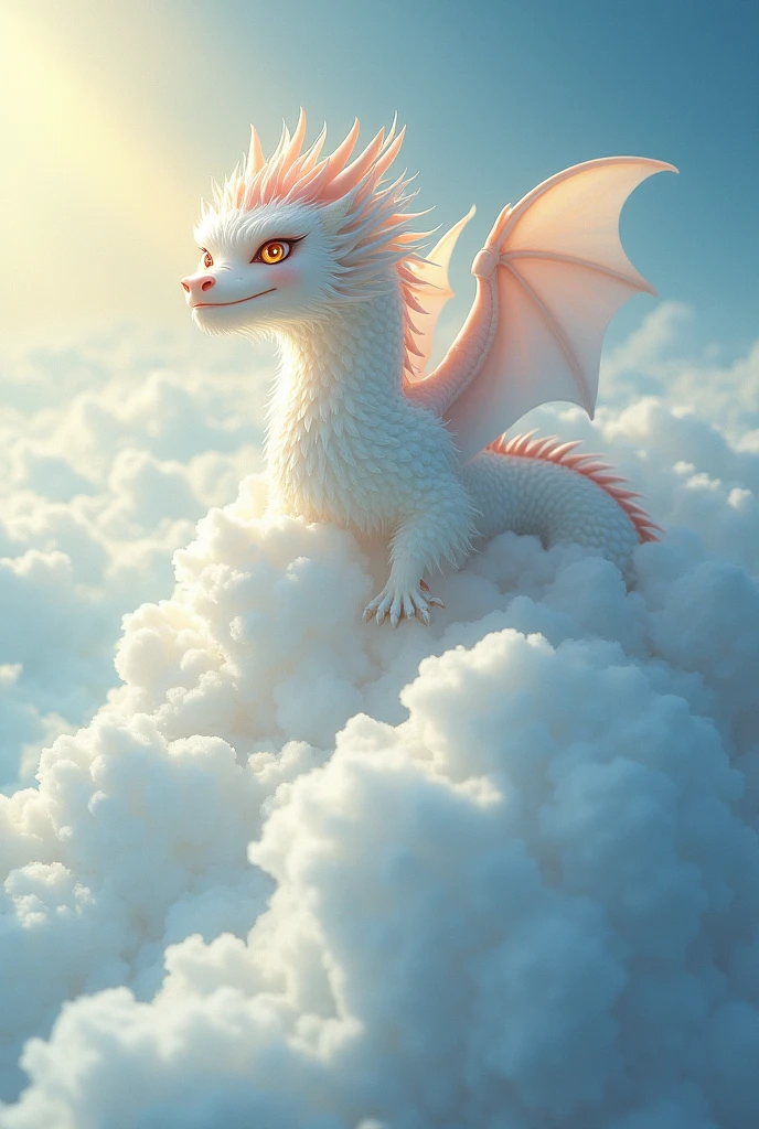 masterpiece, Highest quality,Japan Dragon God、Qinglong、smiling gently、With fluffy fur。An image of ascending to the heavens。The background is a sea of clouds。No wings、Sparkling eyes
