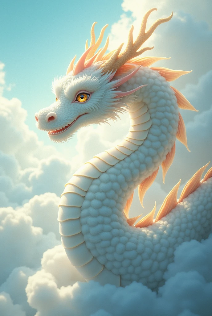 masterpiece, Highest quality,Japan Dragon God、Qinglong、smiling gently、With fluffy fur。An image of ascending to the heavens。The background is a sea of clouds。No wings、Sparkling eyes