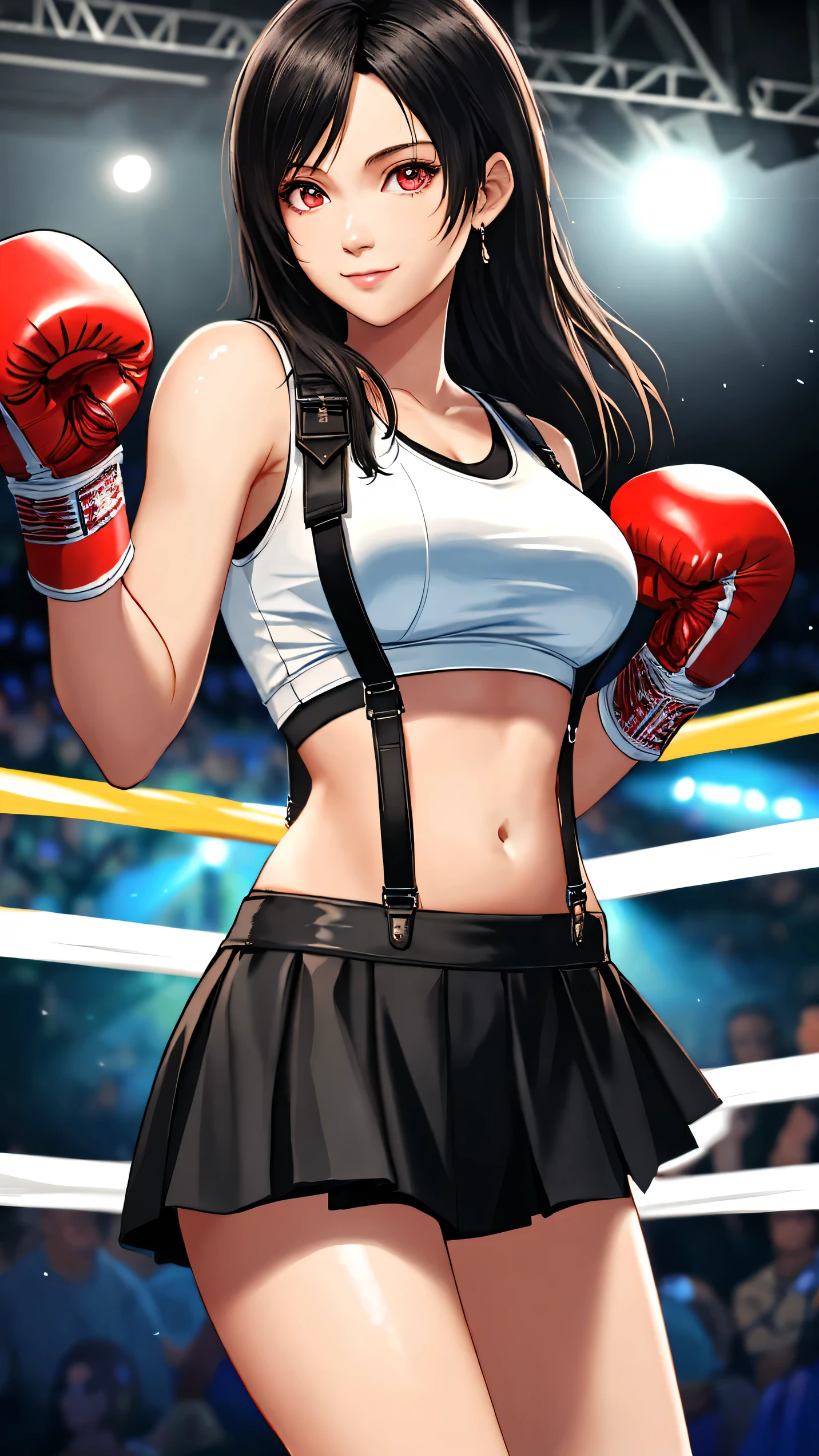 8k,masterpiece, BSET quality,big, (1 person), Tifa Lockhart, red_eye, Black Hair, Long Hair, Professional Lighting, (Glowing Skin: 1.2), shiny big, ((Highest quality)), Sharp focus: 1.2, Highly detailed face and skin texture, detailed eye, Perfect Face, Perfect body, Blur Art, CG, Background Big Tits, before (20-year-old, Mature, cool and beautiful face), Worn (Black skirt with suspenders), Boxing gloves, Boxing Ring, White Tight Shirt, thigh, White tank top, belly button,Smirking,From,Below,Look At View,